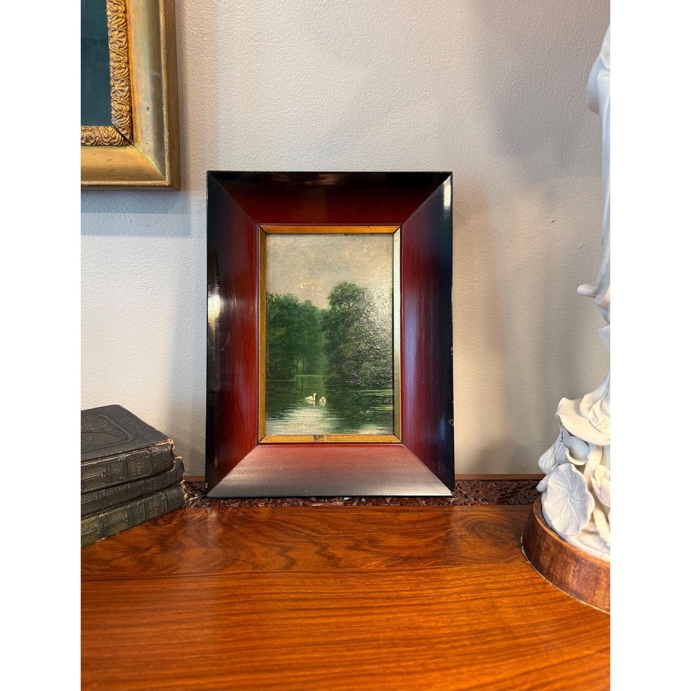 Vintage Swan Lake Painting Framed, Original Landscape Art on‎ Board